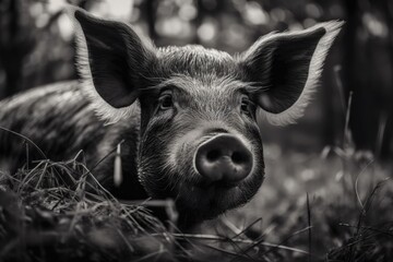 Black and white close up of a charming, hungry pig facing the camera. Generative AI