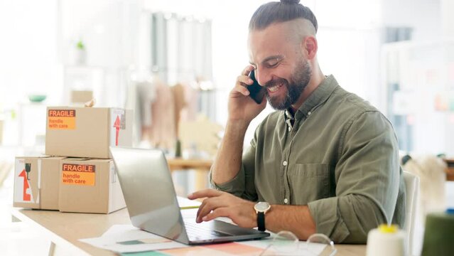 Laptop, phone call and logistics with a courier man at work in his office for the delivery of an order. Ecommerce, retail and sales with a male employee talking on his mobile for distribution