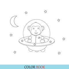 Coloring Page Outline monkey riding a cartoon flying saucer with alien. Space. Coloring book for children.
