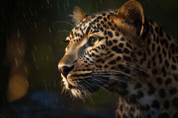 Fototapeta na wymiar Close up of a juvenile, stunning leopard in a wet jungle. Generative AI