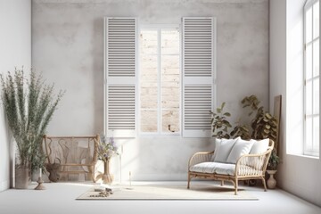 Fototapeta na wymiar External plaster wall with white window with shutters, presenting bohemian living room in boho style, blank backdrop with copy space, architectural design concept idea, mockup template. Generative AI