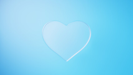 青い背景に透明なガラスのハート。ハートの背景素材。（横長）