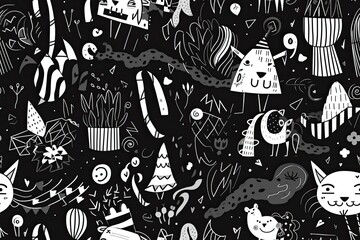 monochrome pattern featuring cats and foliage. Generative AI