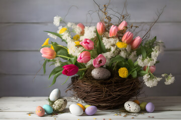 Obraz na płótnie Canvas a vase filled with lots of flowers next to a bird's nest 