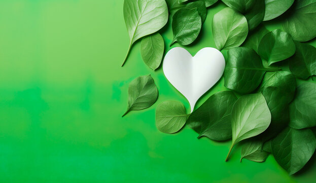 Tree leaves and white heart on green background, environmental concept, image created with AI