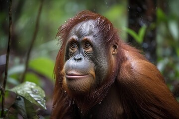Obraz premium A ferocious mother Orangutan from Borneo in the rainforest. Generative AI