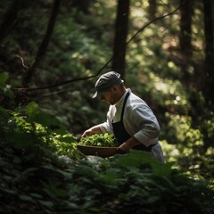 a chef looking for fresh ingredients in nature, fungus and other seasonings, ai generated