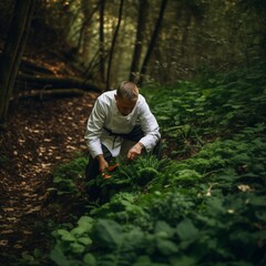 Naklejka premium a chef looking for fresh ingredients in nature, fungus and other seasonings, ai generated