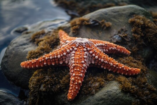 orange and white starfish resting on a rocky surface. Generative AI