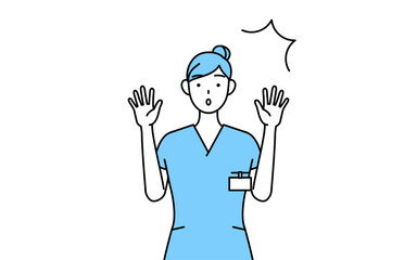 驚いて手を上げる女性看護師、理学療法士、作業療法士、言語聴覚士、看護助手