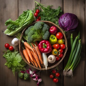 in season display of vegetables shown in beautiful display and organized, bright colored vegetables with bakets, ai generated