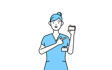 クレジット決済を勧める女性看護師、理学療法士、作業療法士、言語聴覚士、看護助手