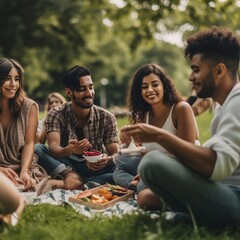 Fototapeta premium group of people getting together to enjoy seasonal vegetables and fruits in a park, relaxing and having fun, ai generated