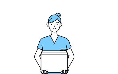 段ボールを運ぶ作業をする女性看護師、理学療法士、作業療法士、言語聴覚士、看護助手