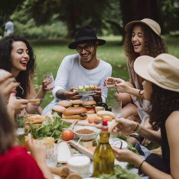 group of people getting together to enjoy seasonal vegetables and fruits in a park, relaxing and having fun, ai generated