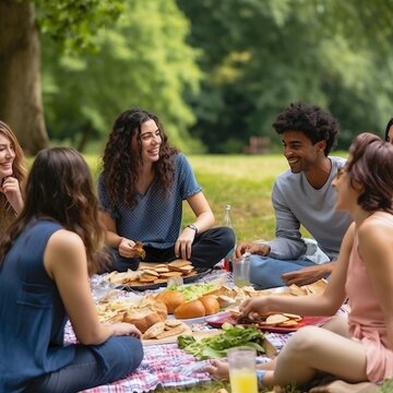 group of people getting together to enjoy seasonal vegetables and fruits in a park, relaxing and having fun, ai generated