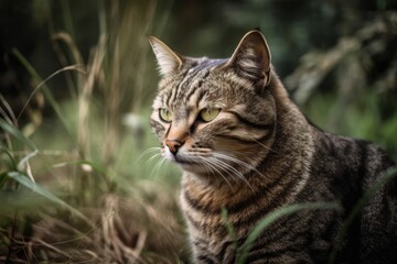 Naklejka na ściany i meble A lovely stray cat sits on the lawn. Generative AI
