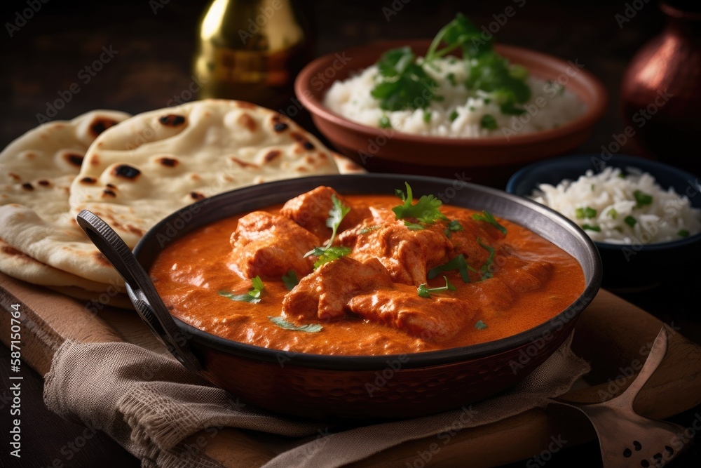 Poster in earthenware dishes, murgh makhani or butter chicken tikka masala is served with roti, paratha, pl