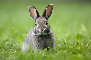 a rabbit sitting in the grass looking at the camera 