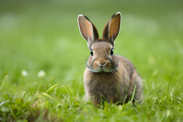 a rabbit sitting in the grass looking at the camera 