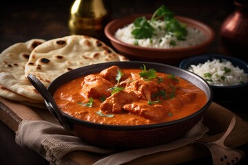 In earthenware dishes, Murgh Makhani or Butter Chicken Tikka Masala is served with roti, paratha, plain rice, and onion salad. discerning concentration. Generative AI