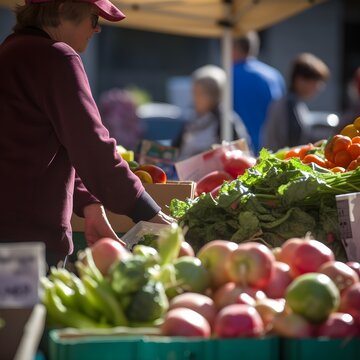 people at a farmers market outside enjoying locally grown and eco friendly vegetables, ai generated