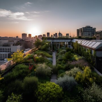 sustainable and green farm on top of building in the city, ai generated