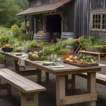 table filled with locally grrown seasonal vegetables, prepared table outside in spring, ai generated