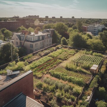sustainable green farmk in the city on top of building, ai generated