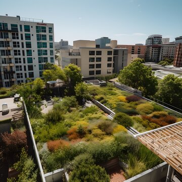 sustainable green farmk in the city on top of building, ai generated