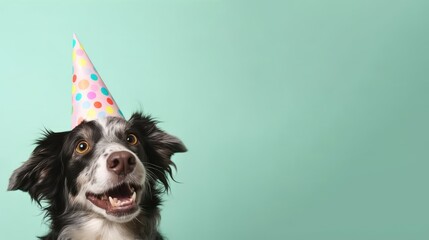 A dog wearing a party hat that says happy birthday. Generative AI