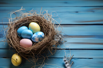 a nest filled with eggs on top of a blue wooden table 