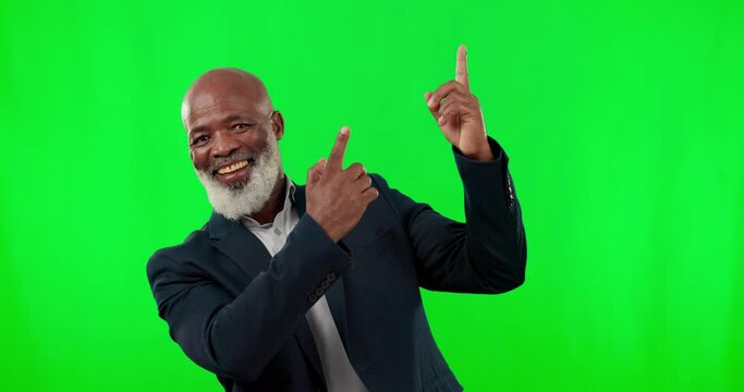 Showing, face and a black man pointing on a green screen isolated on a studio background. Happy, looking and portrait of a senior African person gesturing to mockup space on a chromakey backdrop