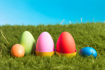Fototapeta na wymiar a group of easter eggs sitting on top of a green field 