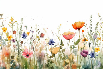 Meadow in summer. Horizontal border of adorable watercolor flowers on a white background. Drawing for a card, border, banner, or other design of yours, generative AI