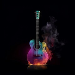 Acoustic guitar with bright vivid colored smoke on a dark background