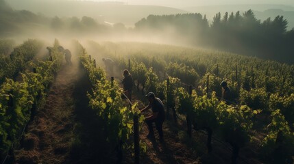 A beautiful vineyard in the fog with people working on the vines. Generative AI. 