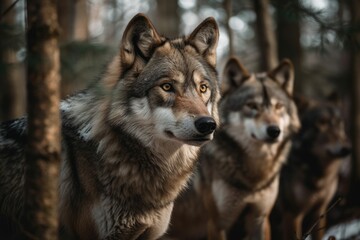 Naklejka na ściany i meble Wolves in the woods. Generative AI