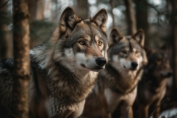 Obraz premium Wolves in the woods. Generative AI