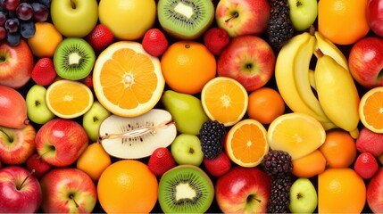 A variety of fruits including oranges, plums, grapes, and other fruits. Generative AI