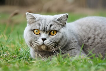 Naklejka na ściany i meble Scottish fold cat male in gray, carefully eyeing camera in green grass. Generative AI