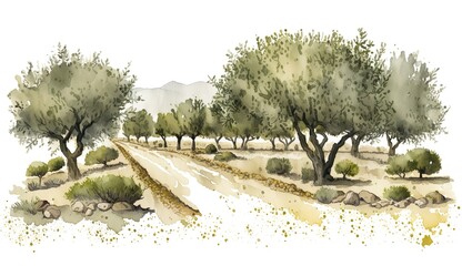 Olive grove in Andalusia, spain, abstract watercolor illustration. Generative AI