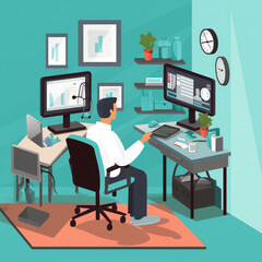 Naklejka premium Virtual Doctor Visits: patient in their home, sitting at their computer or tablet, video conferencing with their doctor. doctor can be shown on screen or in small window in corner. Generative AI.