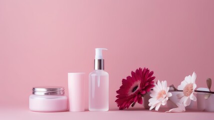 Fototapeta na wymiar Skincare products next to a pink flower and background. Generative AI