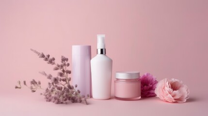 Obraz na płótnie Canvas Skincare products next to a pink flower and background. Generative AI