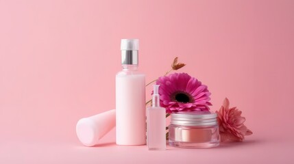Obraz na płótnie Canvas Skincare products next to a pink flower and background. Generative AI