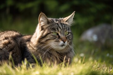 Naklejka na ściany i meble a Norwegian wild cat resting in the sunshine early in the morning. Generative AI
