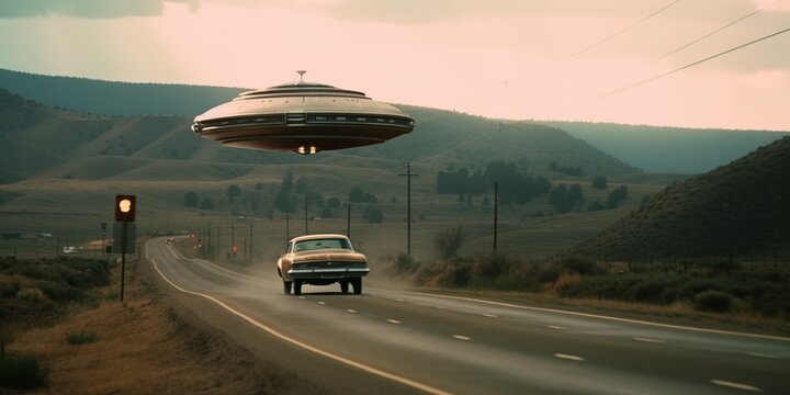 Unidentified flying object UFO. Flying saucer sightings and abduction of people in farm landscapes. Generative AI