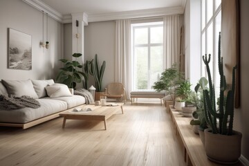 Fototapeta na wymiar Contemporary white and beige bleached hardwood living room. Fabric couch, parquet floor, window, and decors. Japanese interiors. Generative AI