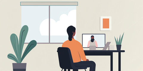 Fototapeta premium person sitting at their computer, talking to mental health professional through video conference. professional can be shown on screen, with patient in small window in corner. Generative AI.